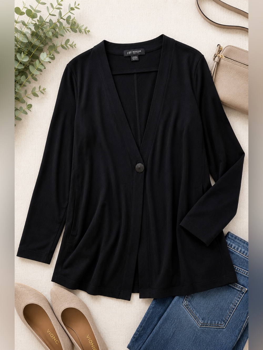 J.Jill Wearever Collection Cardigan Jacket Petite Large Black Longline Stretch